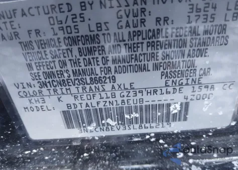 2025 Nissan Versa 1.6 Sv from USA, damaged, VIN 3N1CN8EV3SL866219